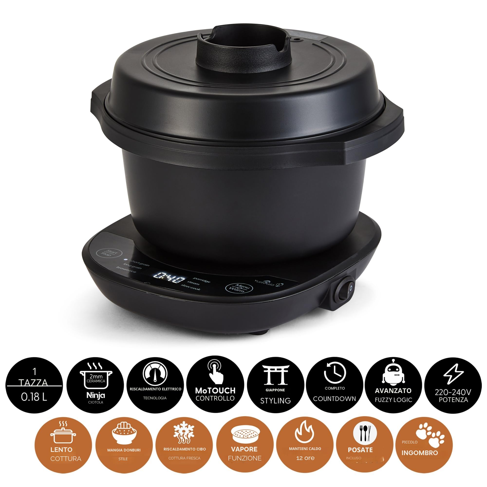 Yum Asia Kotori Mini cuociriso Donburi con logica fuzzy avanzata, ciotola in ceramica ninja (1 tazza, 0,18l), 3 funzioni di riso, 3 funzioni multicooker, indicatore LED, 220-240V (Antracite/nero)