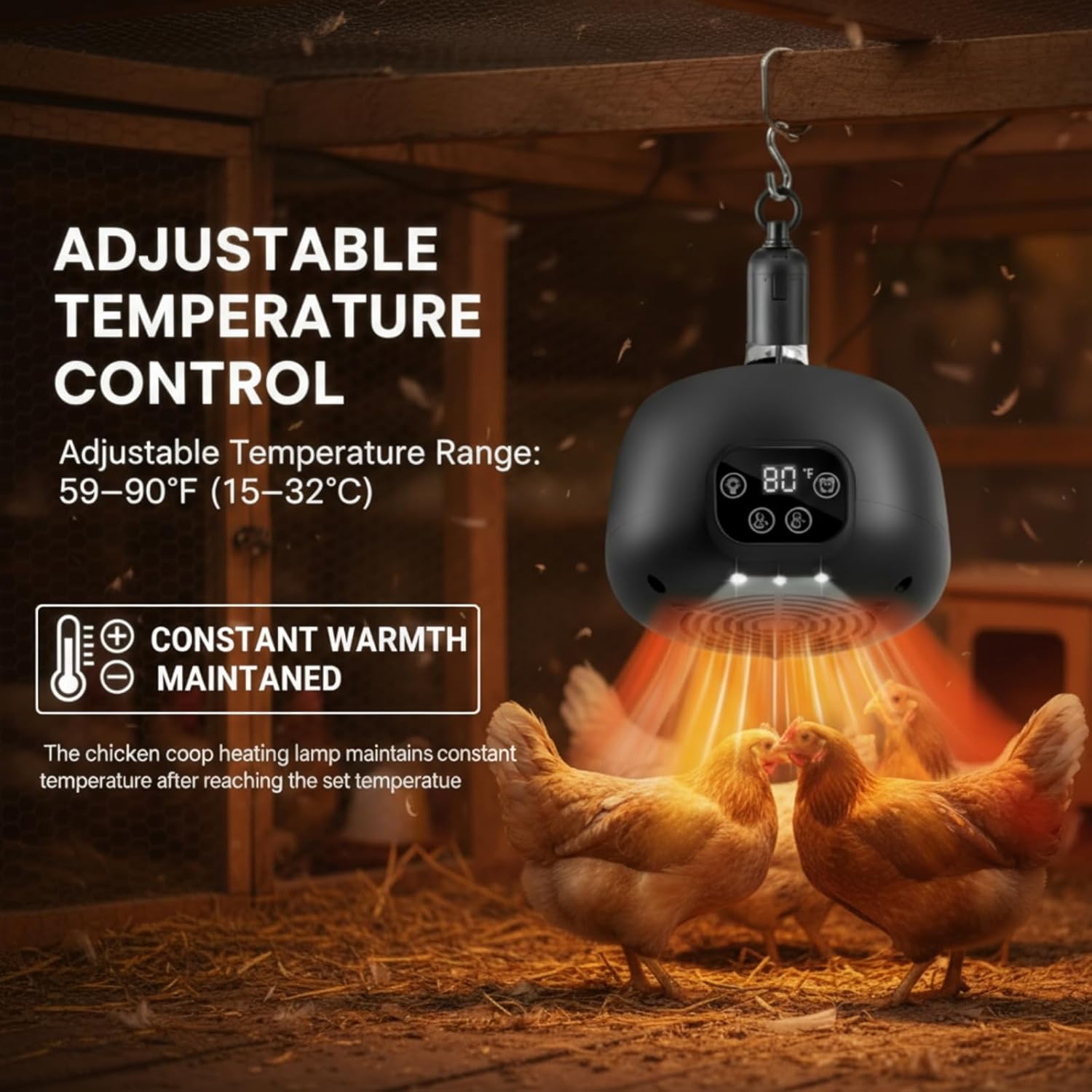 Enhon Chicken Coop Heater with LED Lighting, Adjustable Temperature, Timer & Safety Features – 5 Ft Long Cable Chicken Coop Heating Lamp Perfect for Small Animals and Reptiles(2 Pack)