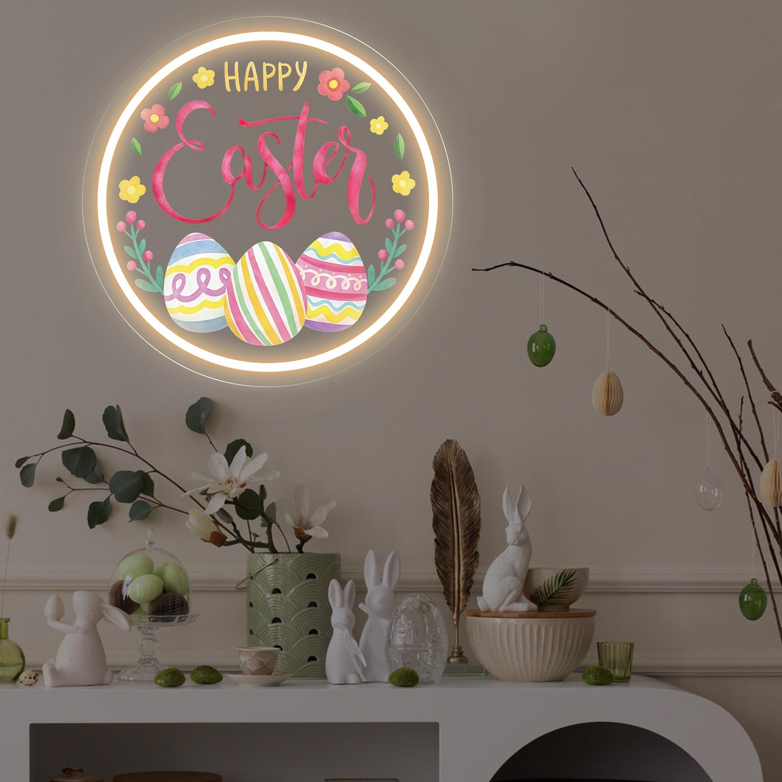 Neonowy znak Happy Easter, ciepłe białe jajko i kwiatowy nadruk UV lampa ścienna LED na Wielkanoc, do salonu, na imprezę, do pokoju dziecięcego, dekoracja świąteczna
