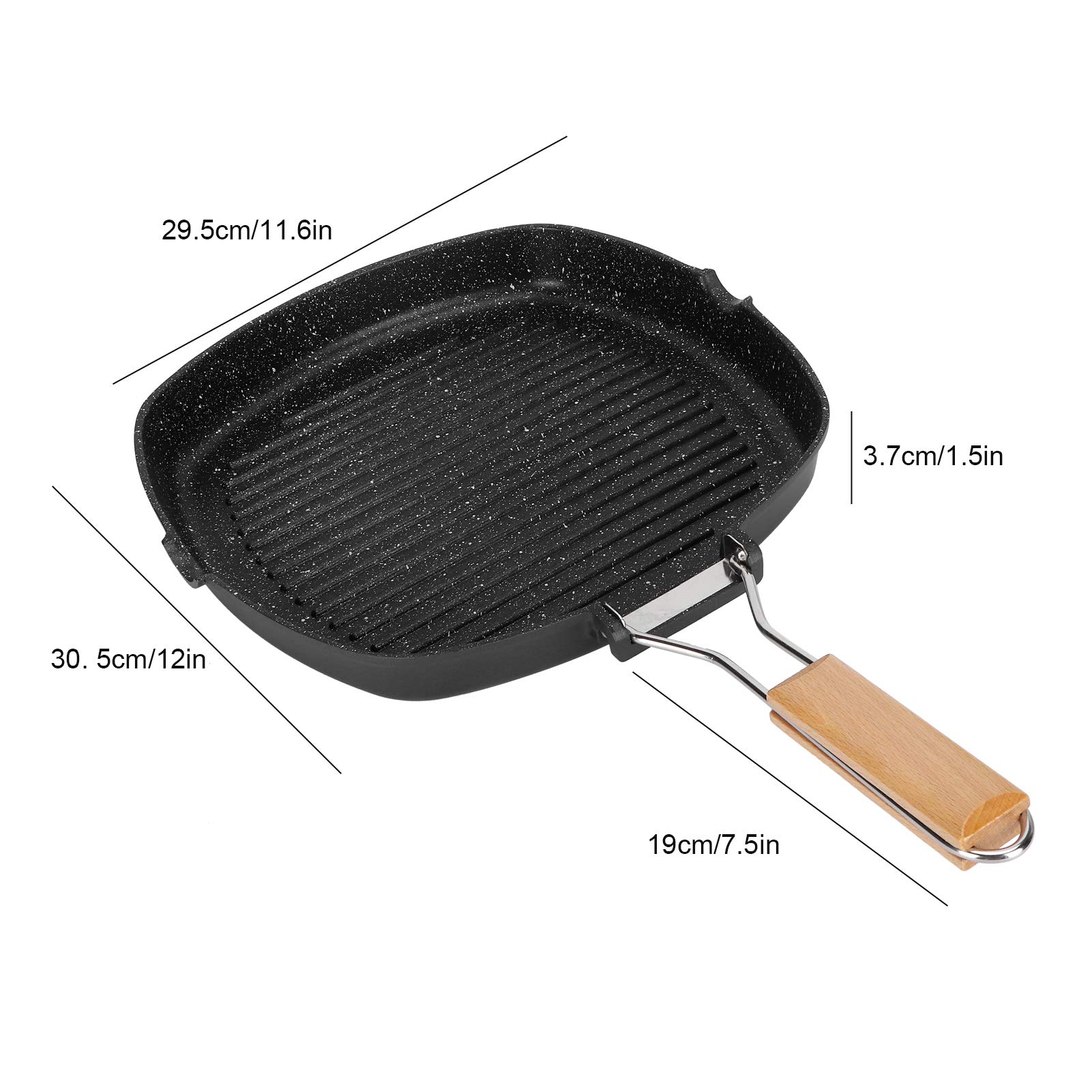 flexman Antiadherente Grill Pan, Multi Purpose Square Steak Fridge Pan con Maniglia Pieghevole in Legno, Grill Skillet Steak Pan per Stufa a Induzione, Stufa a Gas Generale