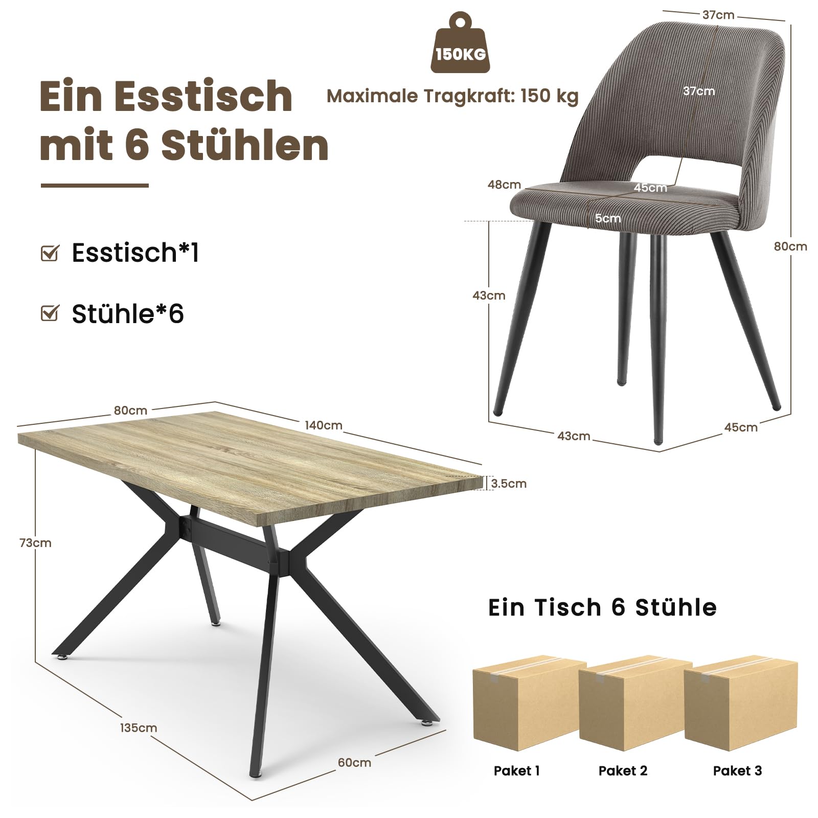 Essgruppen in helles Holz,Esstisch mit 6 Braun-Stuhl