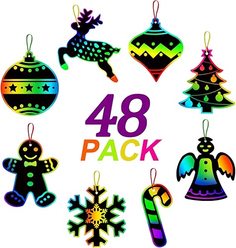 ORIENTAL CHERRY Artes de manualidades navideñas para rascar, 48 tarjetas a granel de arte para rascar arco iris, suministros de papel para rascar