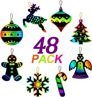 ORIENTAL CHERRY Christmas Scratch Crafts Arts, 48 DIY Rainbow Scratch Art Bulk Cards, Rainbow Scratch Paper Supplies Toys for 3-12Years Old Kids Favord Gift for Christmas Party Games Projects Kits