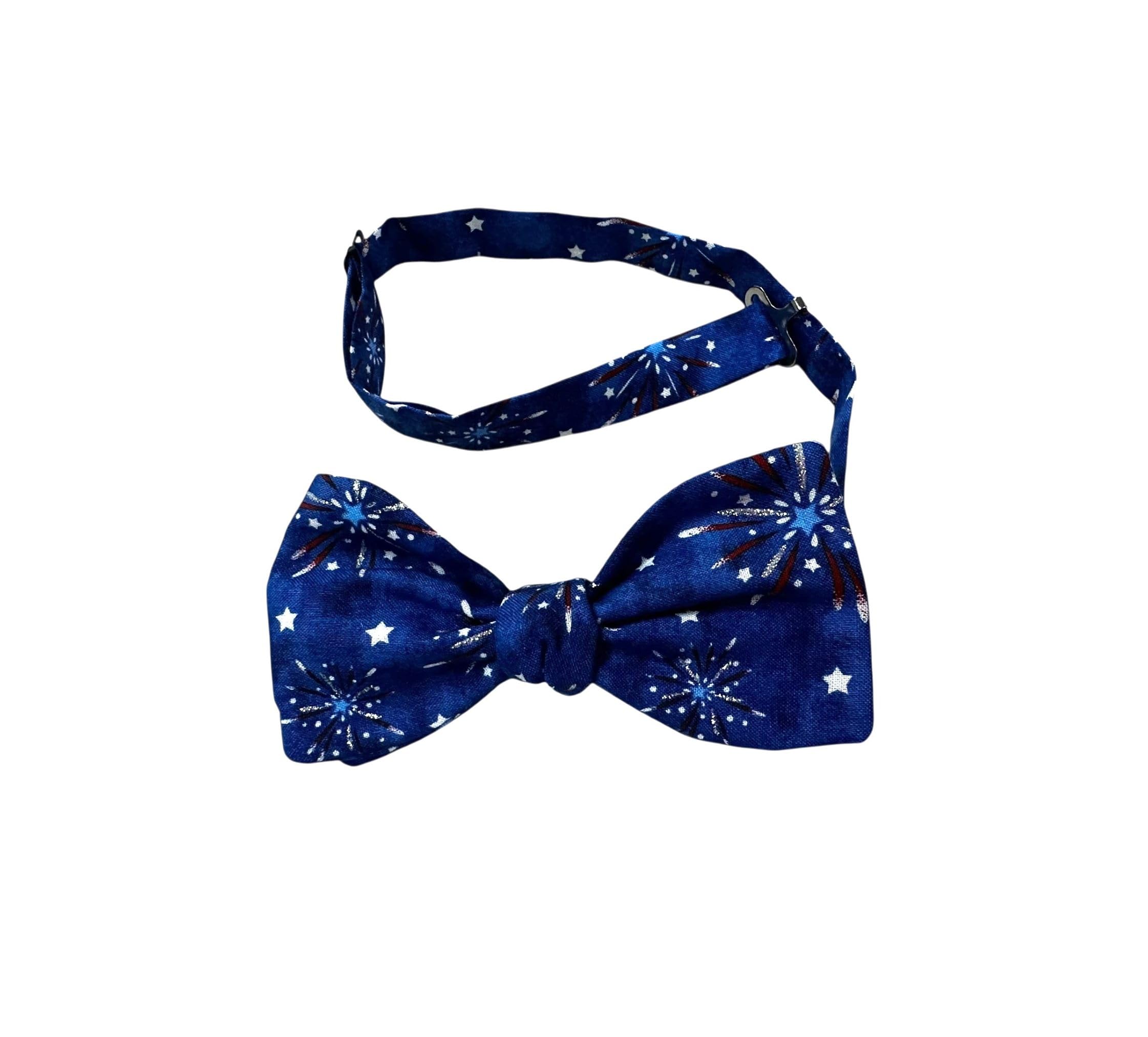 Papillon patriottico da uomo, fatto a mano, prelegato di bandiere americane rosse bianche blu e fuochi d'artificio