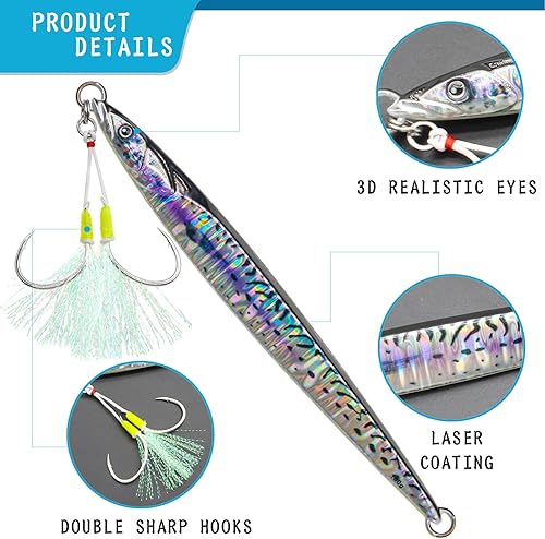 Miniatura 3 de Fishing Jigs Vertical Saltwater Jigs 6.35oz-7.05oz Metal Jigging Spoon Slow Jigging Pitching Fishing Lures with Assist Hooks for