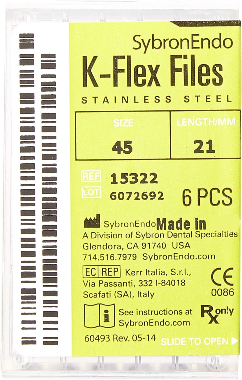 SybronEndo 15322 Endo Hand K-Flex File, 0.03 mm Taper, 21 mm Length, Stainless Steel, 45 Tip Size, White (Pack of 6)