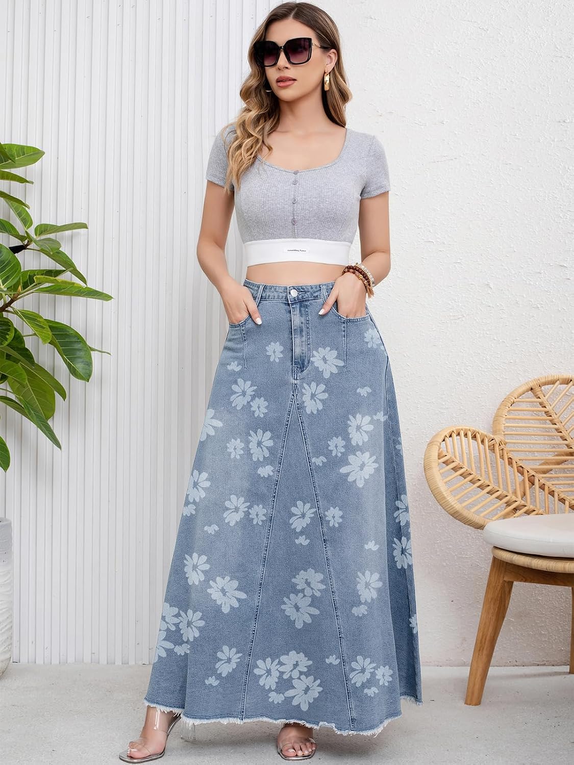 ebossy Women's Boho Floral Denim Skirt High Waist A Line Frayed Hem Fringed Maxi Skirt with Pockets