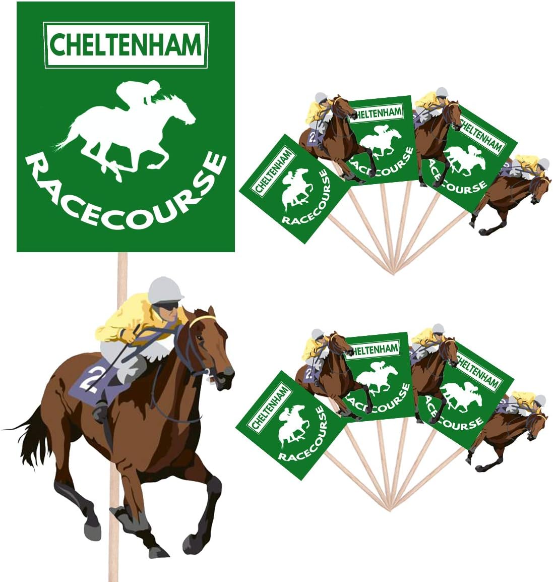 Horse Racing - Cheltenham Racecourse Themed - Event - Birthday - Party Food - Cake Cupcakes - Picks Sticks - Decorations Toppers - Stand Up Food Flags (Pack of 14)