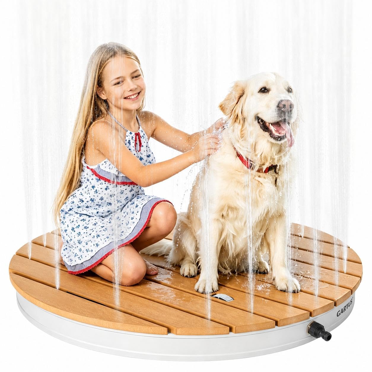 Premium WPC Saunadusche Sommer Pooldusche, Gartendusche Rund mit Fußrad, Außendusche Witterungsbeständig & rutschfest für Spa, Terrasse & Pool, Braun