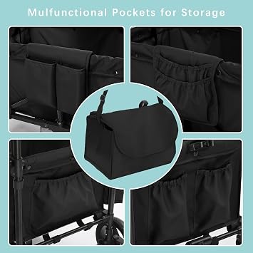 Stroller Wagon for 4 Kids, Foldable All Terrain Wagon for Kids, with Removable Canopy, Adjustable Push and Pull Handle, 5 Point Harnesses, Large Storage Bag