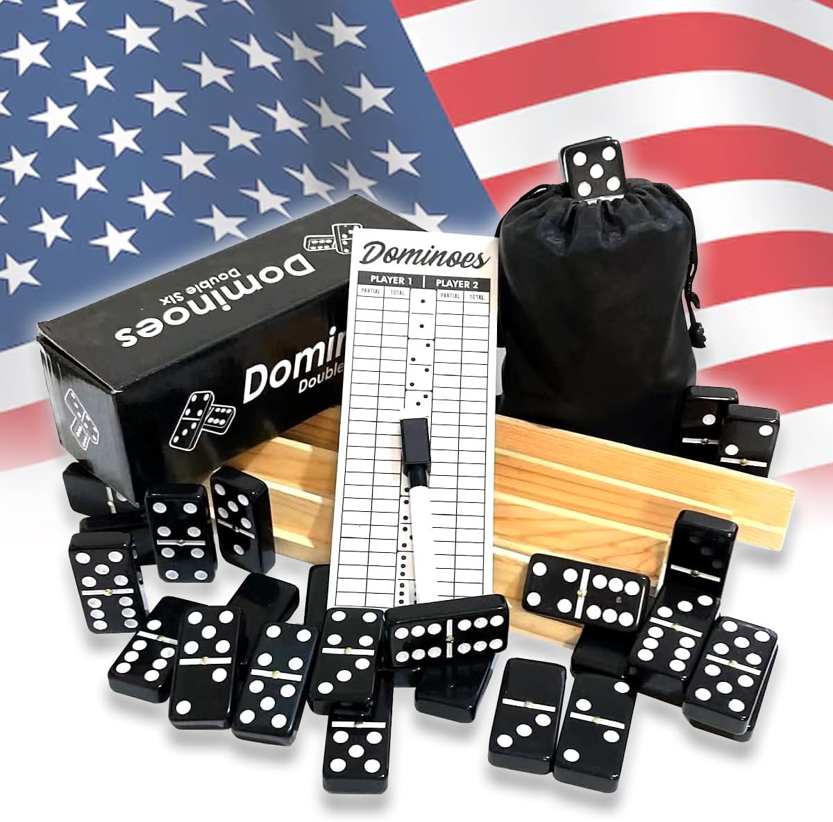 PRK 14 Double Six Dominoes Large Size Full Set Comes with Score pad & Pen 4 pcs Wooden Domino Racks and Black Dominos Bag Adults Seniors Black Color (01)