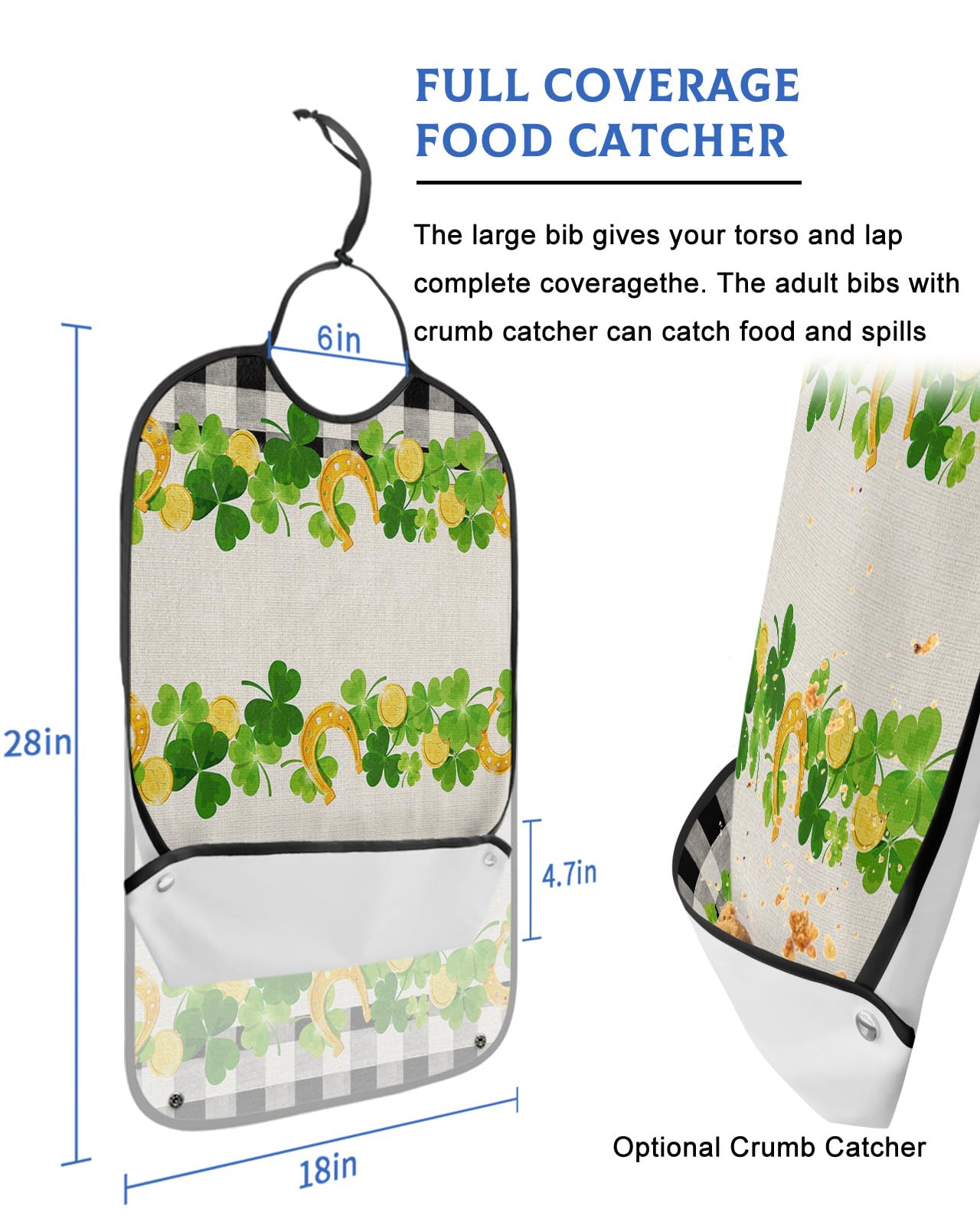 St. Patrick's Day Adult Bibs for Eating, Waterproof Bibs with Food Catcher & Adjustable Snap Closure, Green Clover Gold Horseshoe Black White Checkered Clothing Protectors Adult Bibs for Elderly