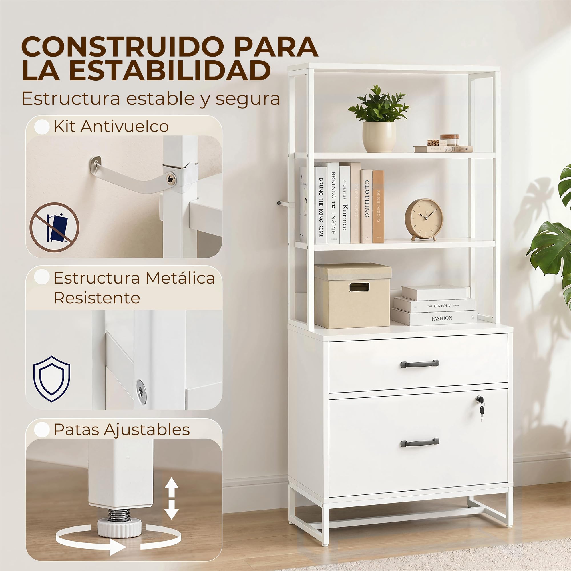 HOMCOM Cajonera Escritorio con Estantería, Mueble Archivador con 2 Cajones, Encimera para Impresora, Cerradura, para A4 Letter Legal, para Oficina, Estudio, Blanco