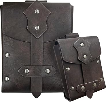HiiFeuer 2 Pieces Medieval Faux Leather Studded Belt Pouch, Retro Renaissance Belt Bag, Portable Waist Bag Side Pack for LARP Brown A