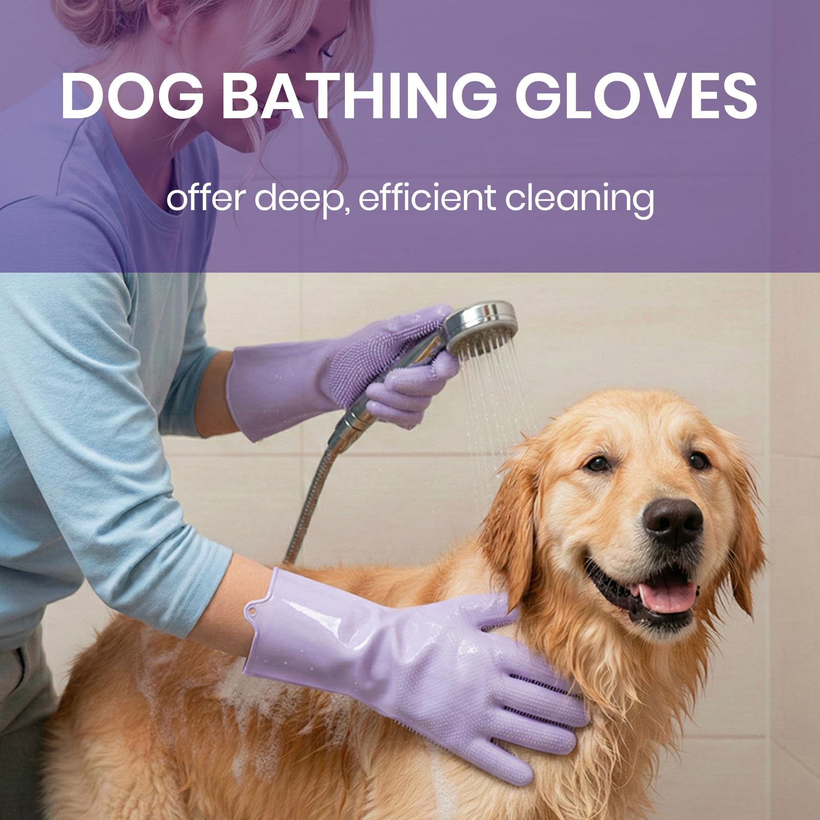 DELOMO Pet Grooming Gloves 1 Pair: Soft and Gentle Silicone Dog Washing Gloves - Bathing Scrubber Brush Mitt Grooming Shedding Fur Removal Massage for Dogs/Cats/Horse, Purple - image 3