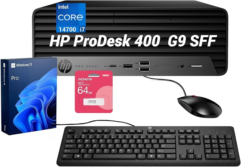 HP ProDesk 400 SFF Business Desktop, Intel Core i7-14700, 32GB DDR5, 1TB SSD, Wi-Fi, HDMI, DisplayPort, USB-C, RJ-45, Support Up to Dual Displays, Wired Keyboard & Mouse, Win 11 Pro, w/Bundle