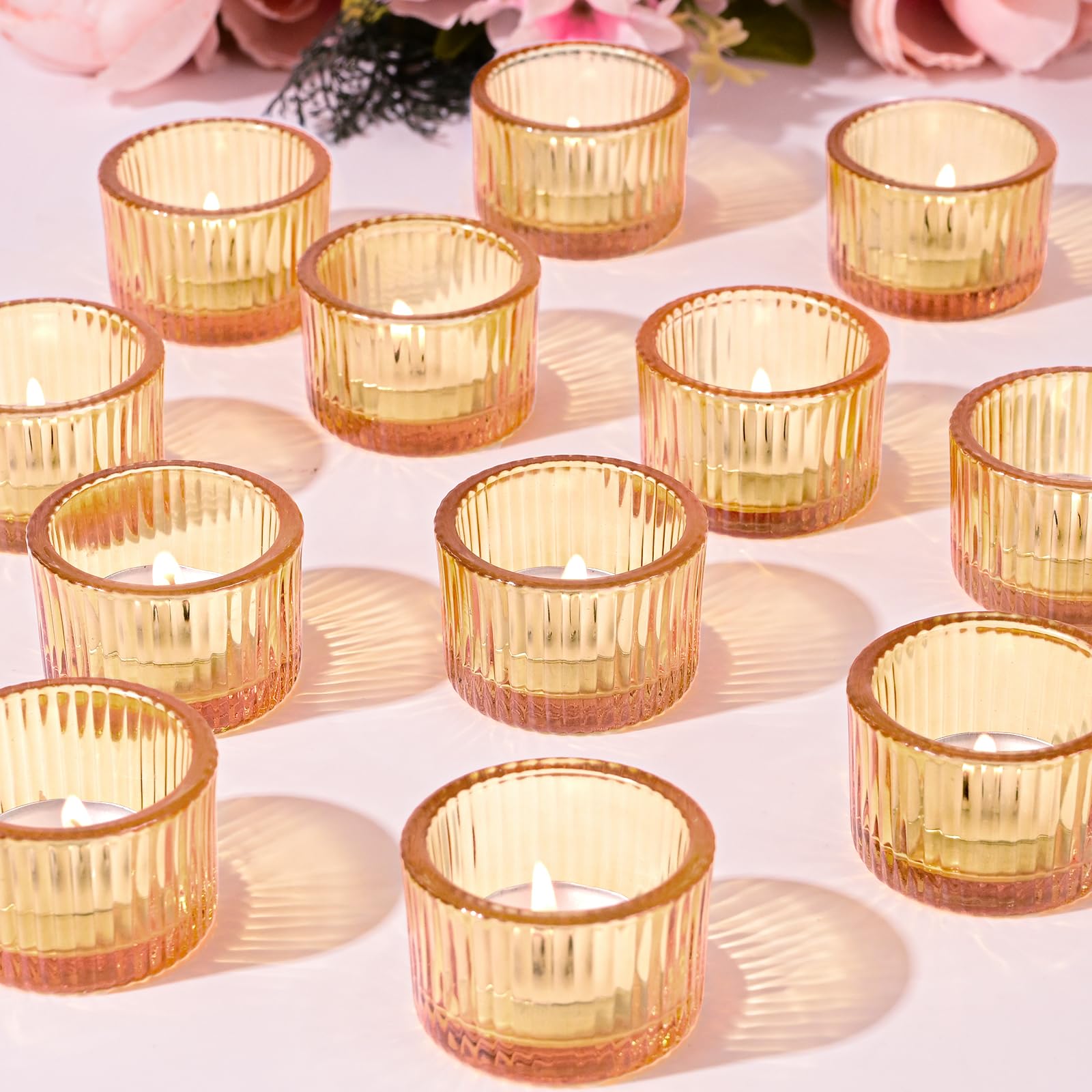 12PCS Tea Light Candle Holders Gold Tealight Holders, Ribbed Small Tea Light Holders Glass Candle Holder for Wedding Party Bridal Shower Table Centerpiece Home Decor