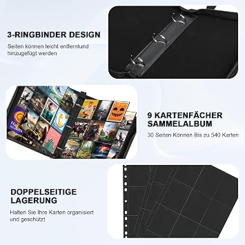 Trading Card Album 9 Compartments 30 Pages up to 540 Cards Scrapbook Binder Card Book for Playing Cards Sports Cards Yu-Gi-Oh MTG Cards Black