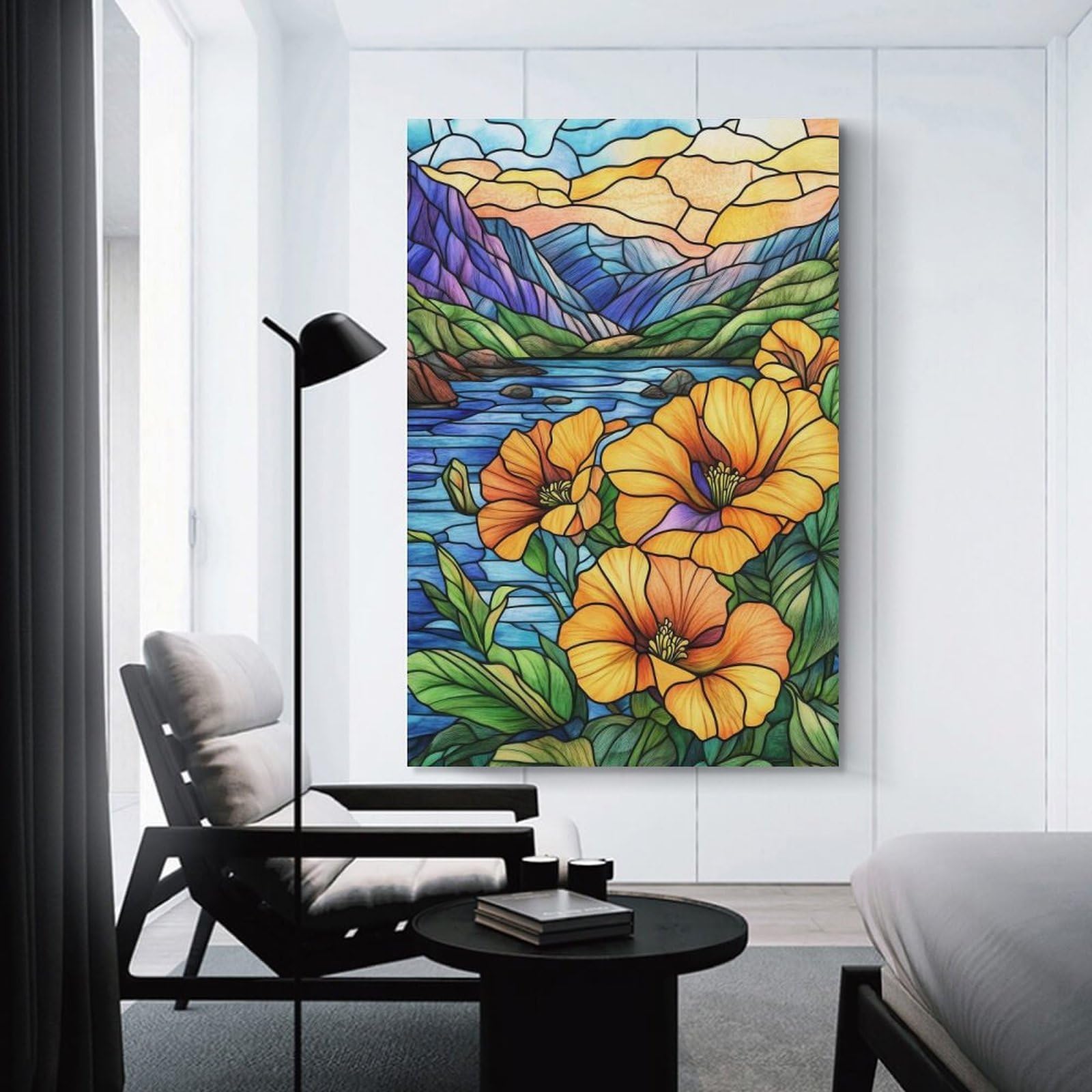 Junmoney Stained Glass Mountain Lake Home Decor Wall Art, 20x30inch(50x75cm), for Wall Displays, Bedrooms Or Room Updates, Ideal for Building A Coordinated Art Wall