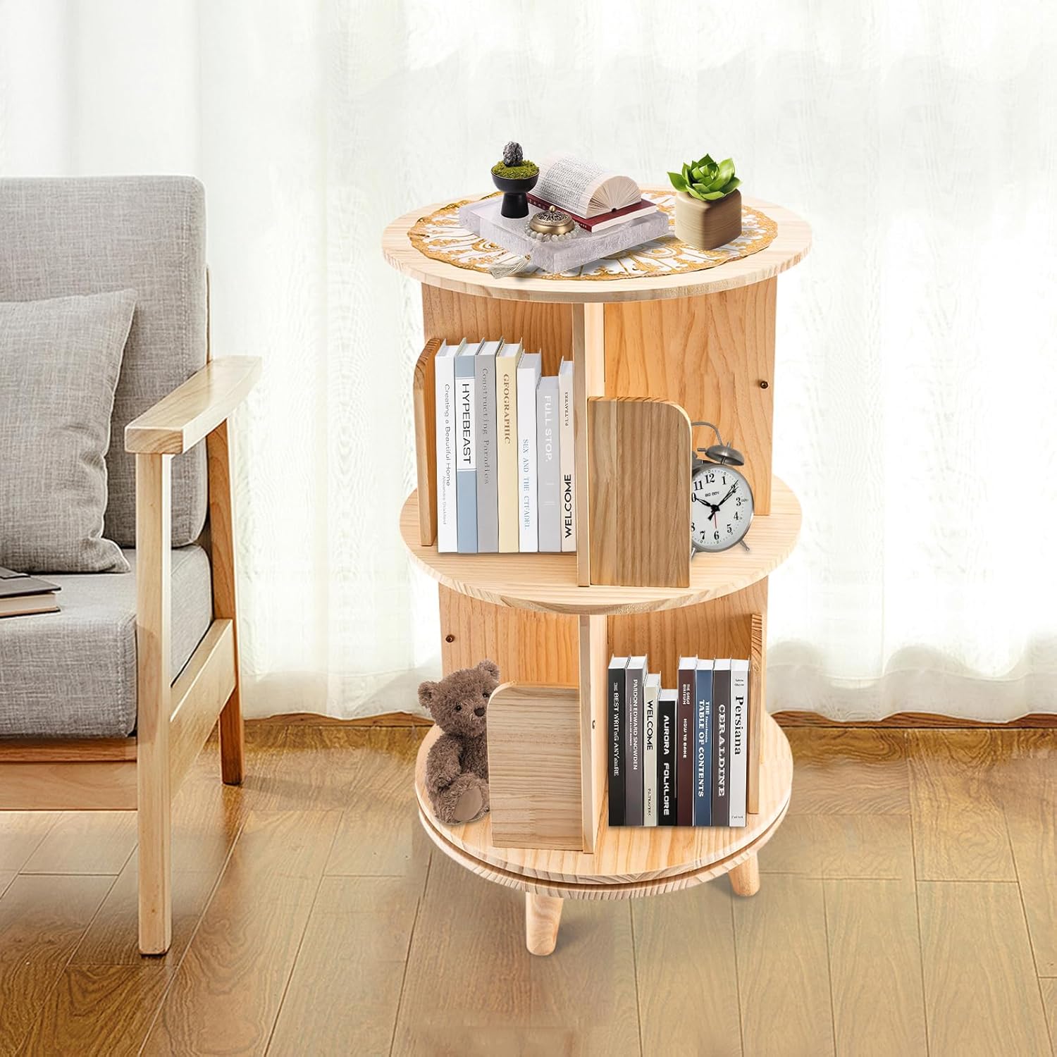 DYRABREST Rotating Bookshelf 360 Display loor Standing Bookcase Storage Rack, Solid Wood Bookshelf Organizer Book Shelf Organizer for Storing Books, Precious Souvenirs, Displays, Wood Color (2 Tier)