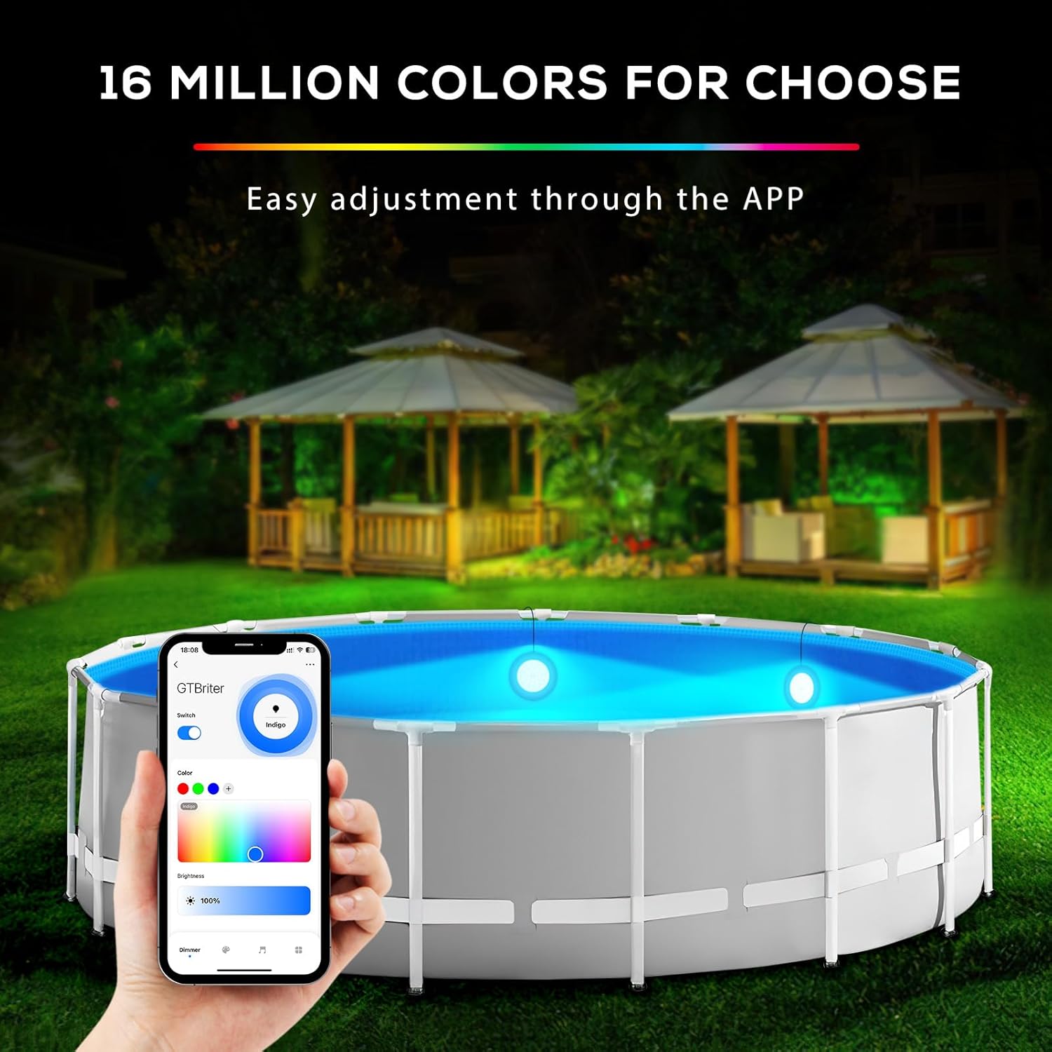 Above Ground Pool Lights with APP Control 20W RGB Dimmable LED Pool Lights with Suction Cups and Built-in Magnets 12V Underwater Pool Light for Above ground Inground Pools IP68 Waterproof 28FT Cord W