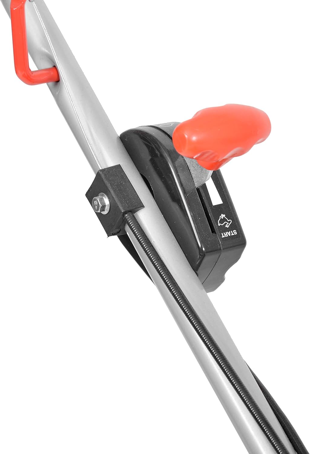 Close-up of lawn mower throttle and start lever