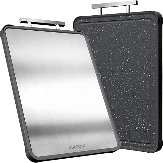 Kikcoin Double Sided Stainless Steel Cutting Boards for Kitchen, Stainless Steel and Wheat Straw PP Large Chopping Board, Black