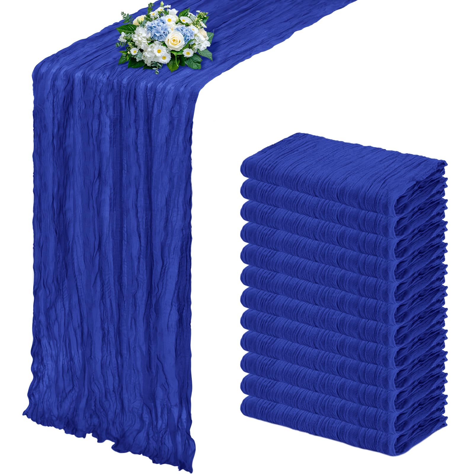 Photo 1 of RealBox 12 Pack Royal Blue Cheesecloth Table Runner 17x108 Inch Semi Sheer Boho Gauze Cheese Cloth Fabric Table Runners, for Wedding Party Baby Shower Birthday Home Decor Garden Farmhouse