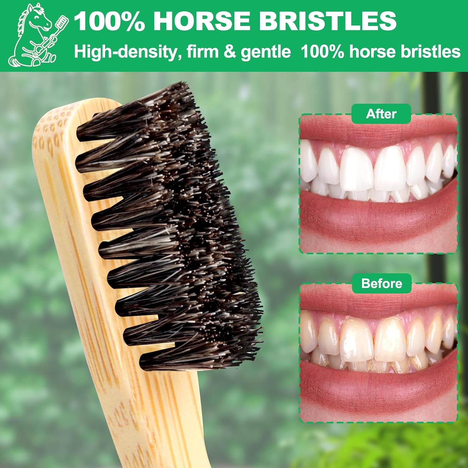 Horse Bristle Toothbrush, Plastic Free Bamboo Toothbrushes, 6 Pack Natural Wooden Toothbrush, Non Toxic & Non Plastic, Wood Tooth Brush, Manual Organic Toothbrush for Adult, Women, Men image 2