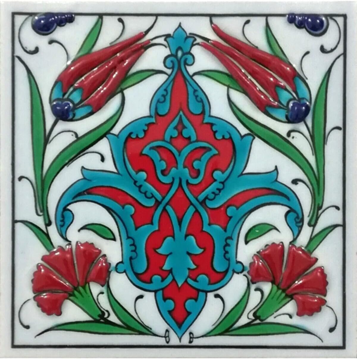Ceramic Tile Panel Armada Iznik Double Tulip Carnation Kütahya Design Decorative Wall Art, Traditional Turkish Home Decor, One Size - One Size