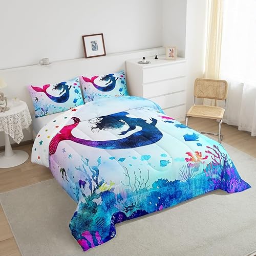 Miniatura 3 de Erosebridal Juego de ropa de cama de sirena rosa, juego de edredón de tamaño individual con diseño de mar marino y océano, edredón de dibujos