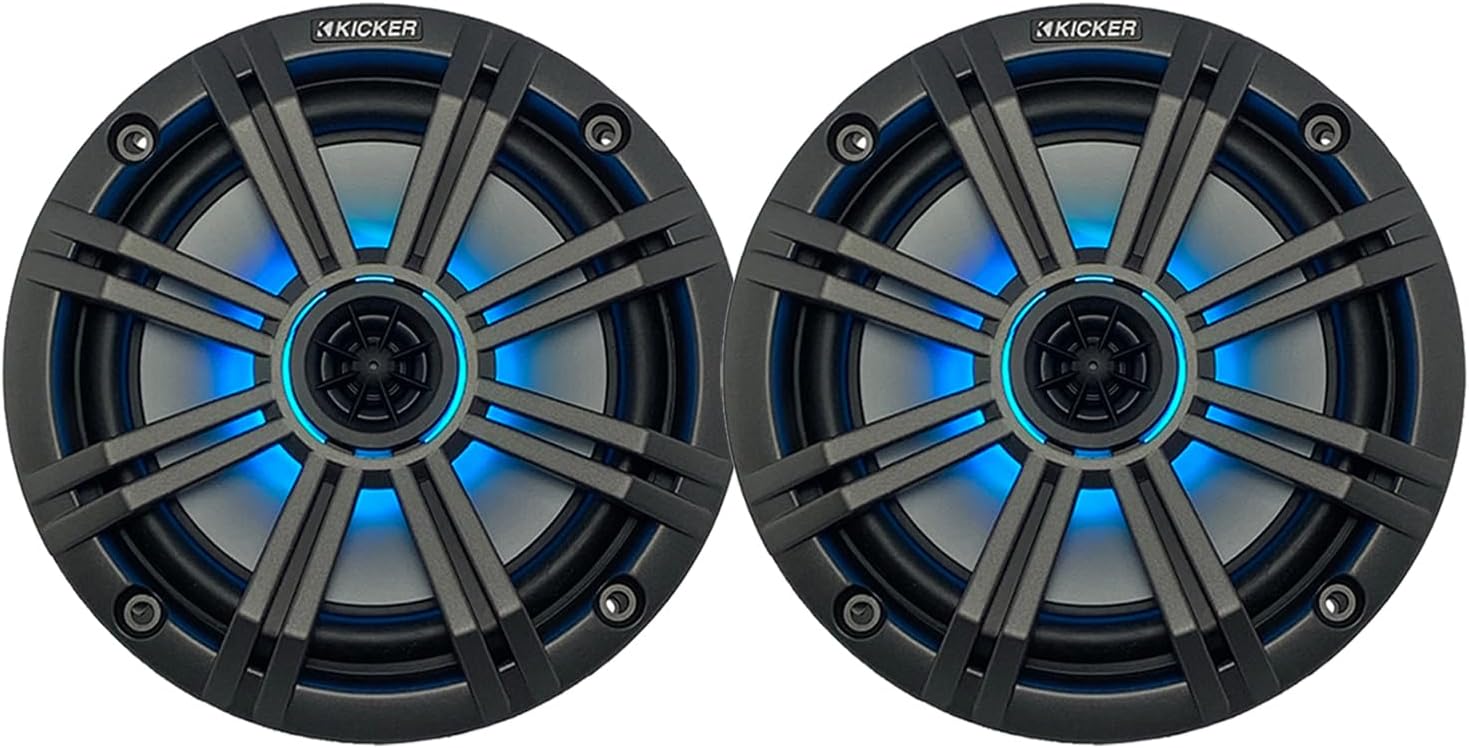 KICKER 6.5" 195 Watt Peak Power Marine OEM Replacement RGB Multicolor LED Boat Audio Speakers (Pair) with Charcoal Grilles