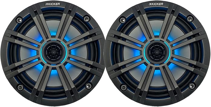 KICKER 6.5" 195 Watt Peak Power Marine OEM Replacement RGB Multicolor LED Boat Audio Speakers Pair with Charcoal Grilles