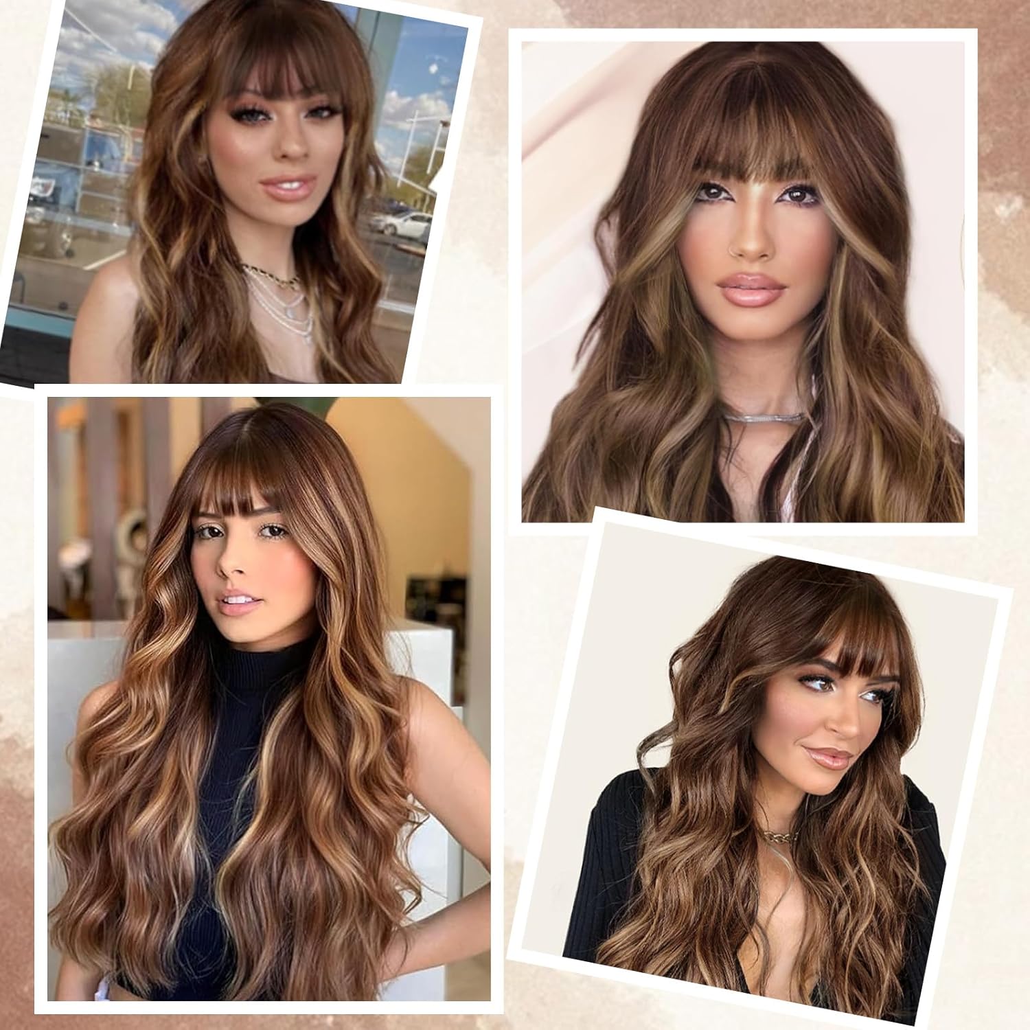 MINSEEYOO Brown Mix Blonde Wig with Bangs for Women Long Brown Highlights Wavy Wigs 26 Inch Brown Wigs Natural Looking Heat Resistant Synthetic Wig for Daily Party Use