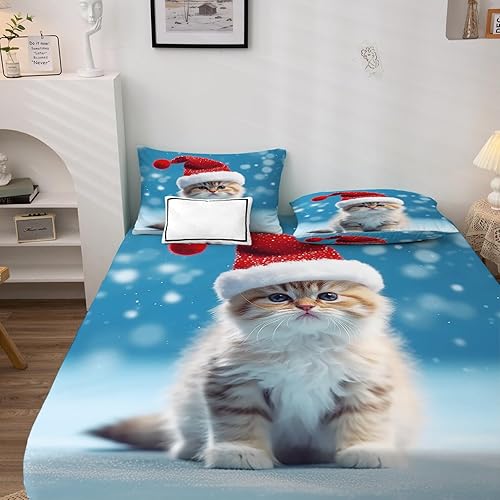 Miniatura 2 de Juego de sábanas de Navidad tamaño individual, sábanas de gato gatito, sábanas y fundas de almohada estampadas de 3 piezas, sábana bajera ajustable