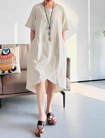 Tebreux Women's Linen Midi Dress Oversized Short Sleeve Sundress Baggy Tunic Dresses with Pockets