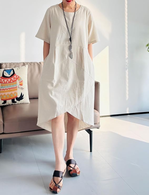 Tebreux Women's Linen Midi Dress Oversized Short Sleeve Sundress Baggy Tunic Dresses with Pockets