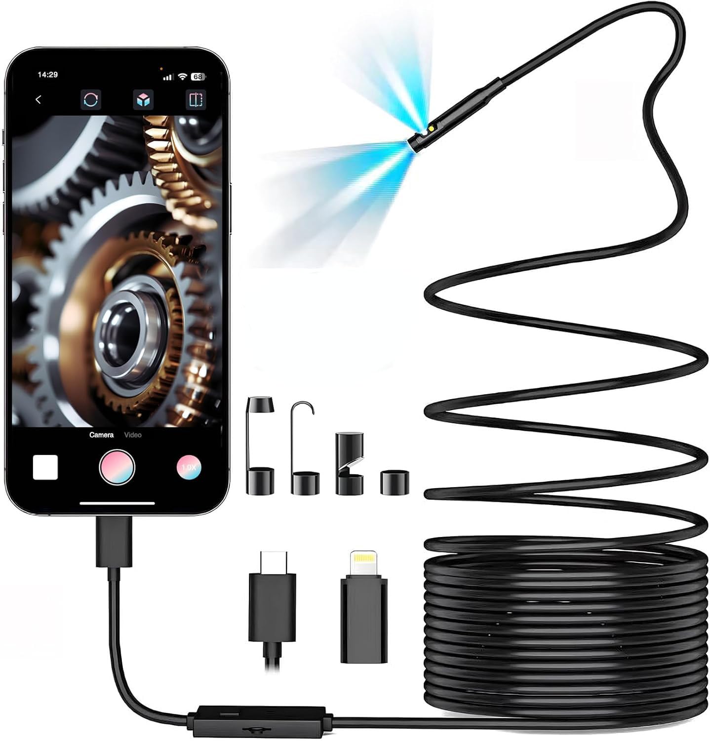 Dual-Lens Endoscope Camera with Light,Borescope with 8 Adjustable LED Lights 1920P HD,16.5ft Semi-Rigid,IP67Waterproof USB Inspection Camera for iPhone,Gadgets for Men…