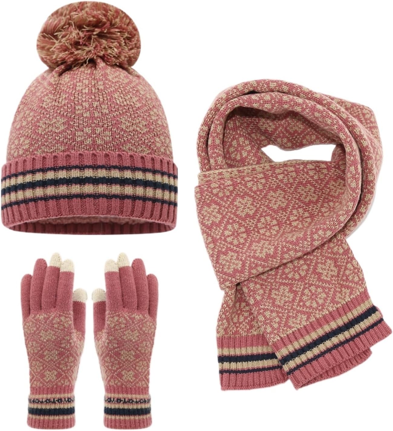 Winter Hat Scarf Gloves Jacquard Knit Hat Gloves and Scarf an Outdoor 3-Piece Set for Cold Weather(Pink)