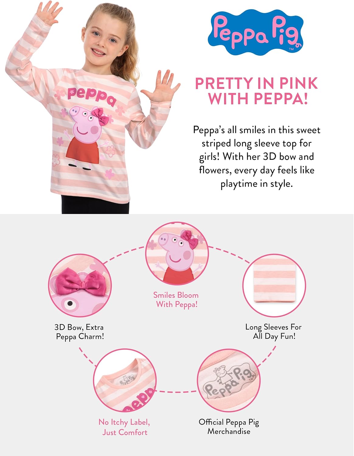 Peppa Pig Shirt, Girls Long Sleeve Shirt with 3D Bow, Soft Cotton Girls Long Sleeve Tops