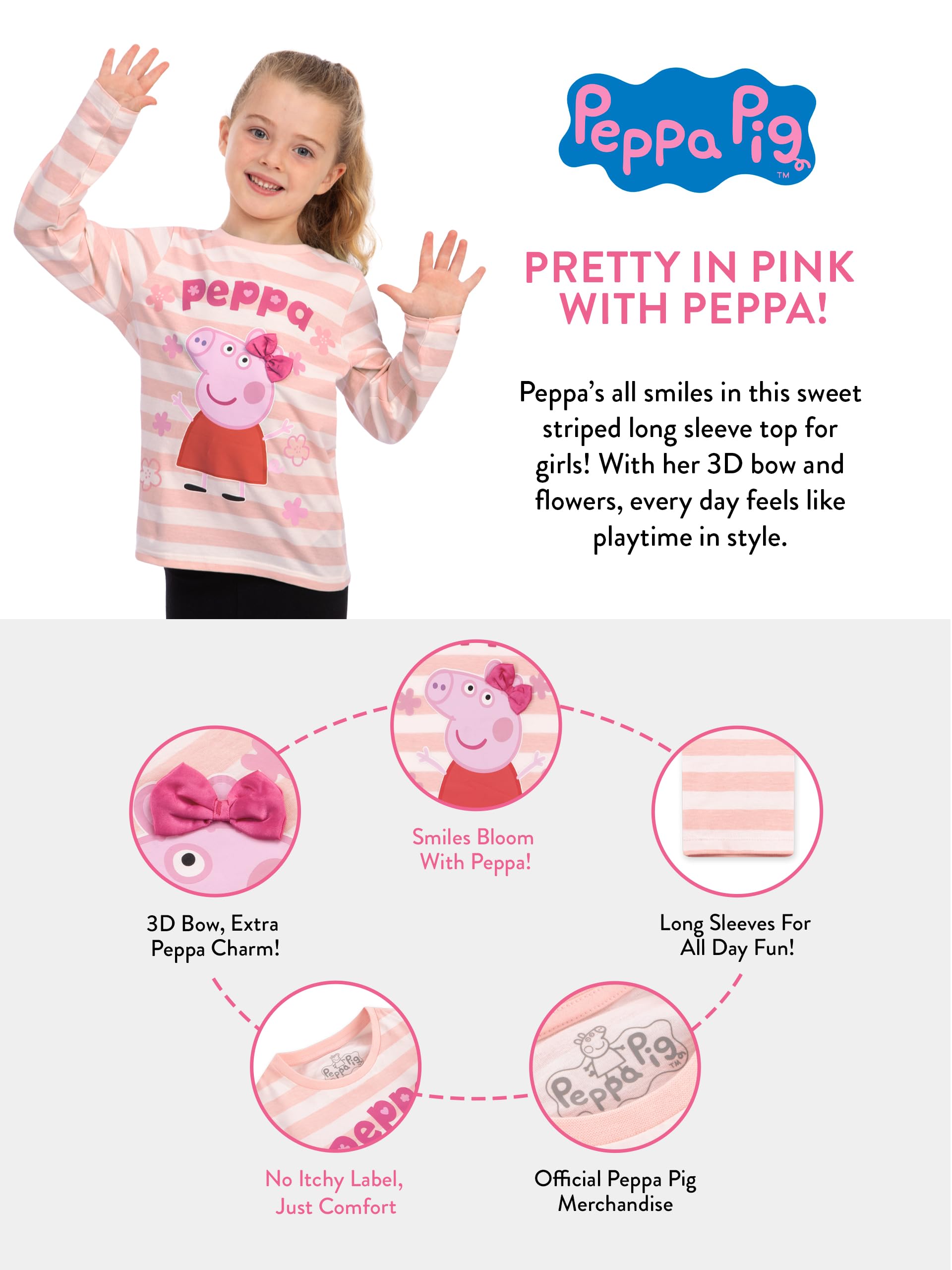 Peppa Pig Maglietta Manica Lunga con Fiocco 3D, Maglia Bambina Adorabile, Maglietta Maniche Lunghe da 18 Mesi a 8 Anni