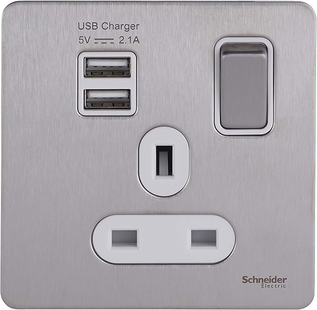 Schneider Electric Ultimate Screwless Flat Plate - Switched Single Power Socket with USB Charging Ports, Double Pole, 13A, GGBGU34102USBAWSS, Stainless Steel with White Insert