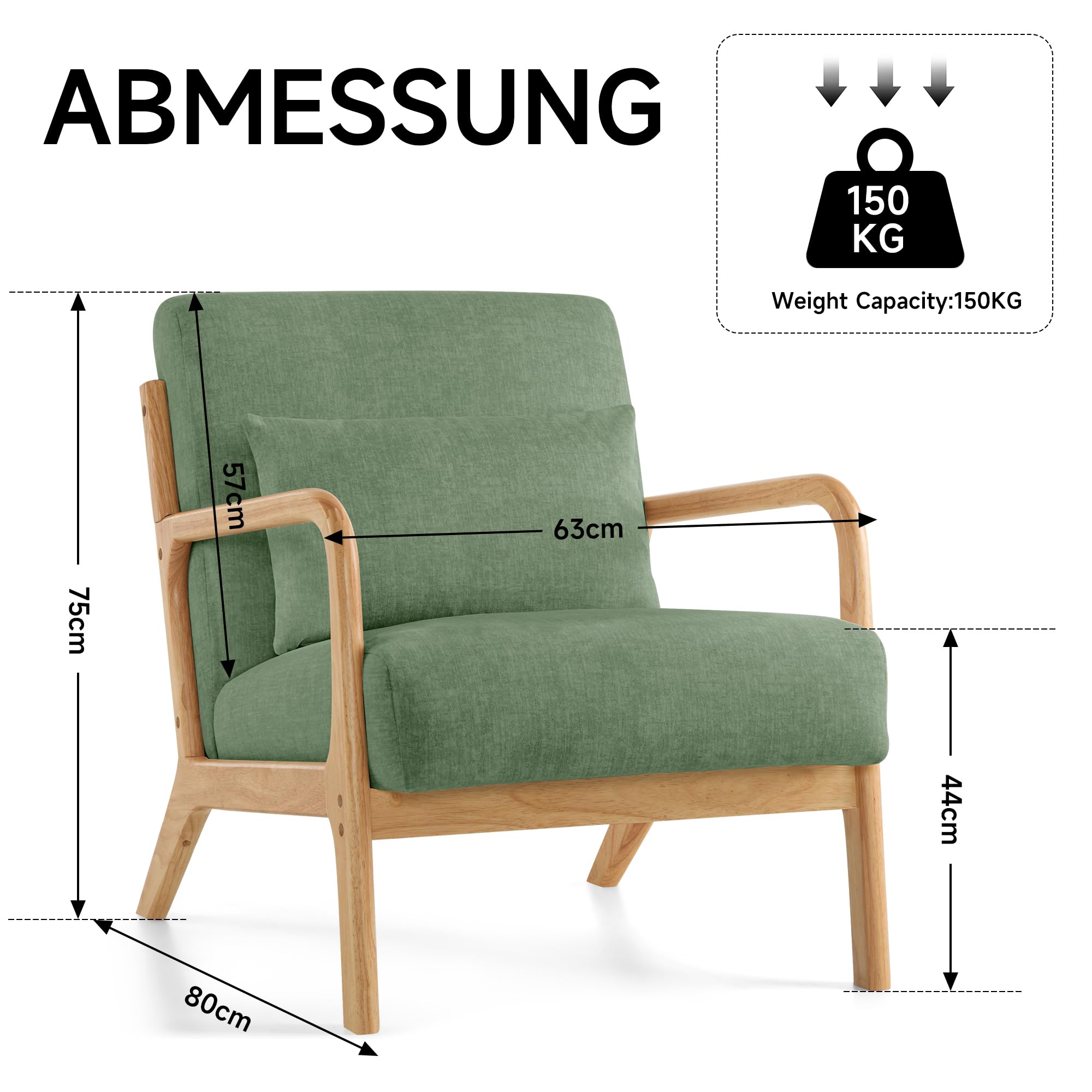 Fauteuil d'Accent Moderne avec Oreiller Sillon Confortable Cadre en Bois Massif Tapissé Style Mid-Century pour Lecture Salon Chambre,Vert