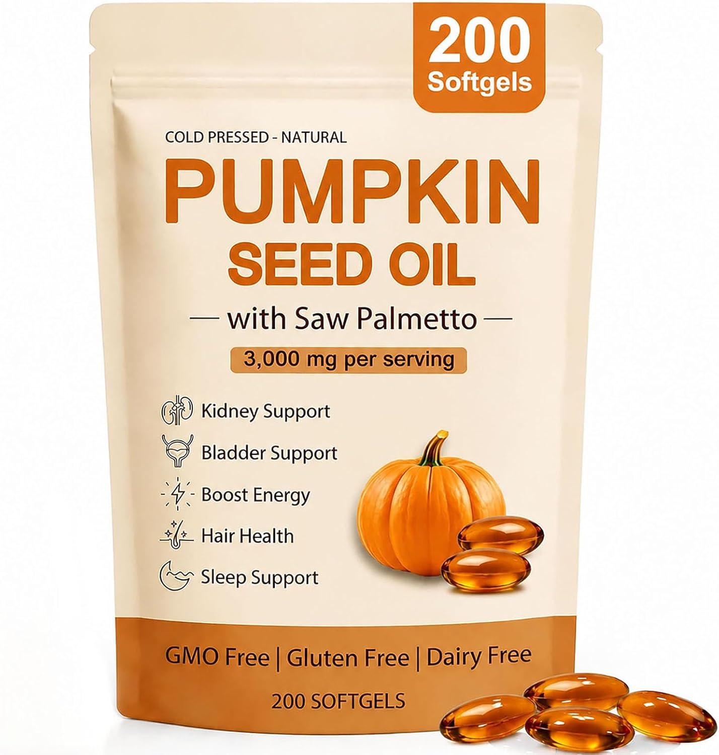 wuliao Pumpkin Seed Oil Softgels 3000mg with Saw Palmetto – Supports Kidney Wellness & Bladder Comfort, Thicker Fuller-Looking Hair, Steady Energy & Daily Vitality – Non-GMO, Gluten-Free (1)