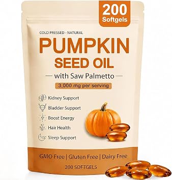 wuliao Pumpkin Seed Oil Softgels 3000mg with Saw Palmetto Supports Kidney Wellness & Bladder Comfort, Thicker Fuller-Looking Hair, Steady Energy & Daily Vitality Non-GMO, Gluten-Free 1
