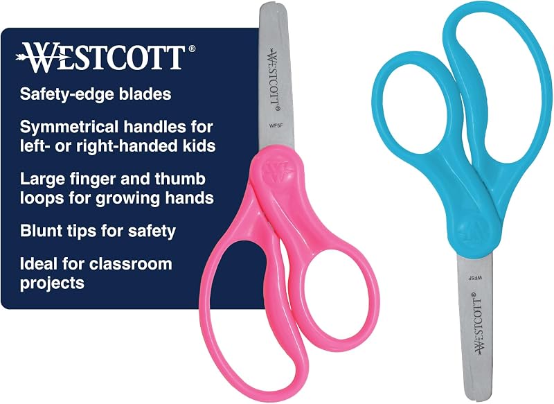 Tijeras para niños con mango duro de 5", romas, colores surtidos, paquete de 2