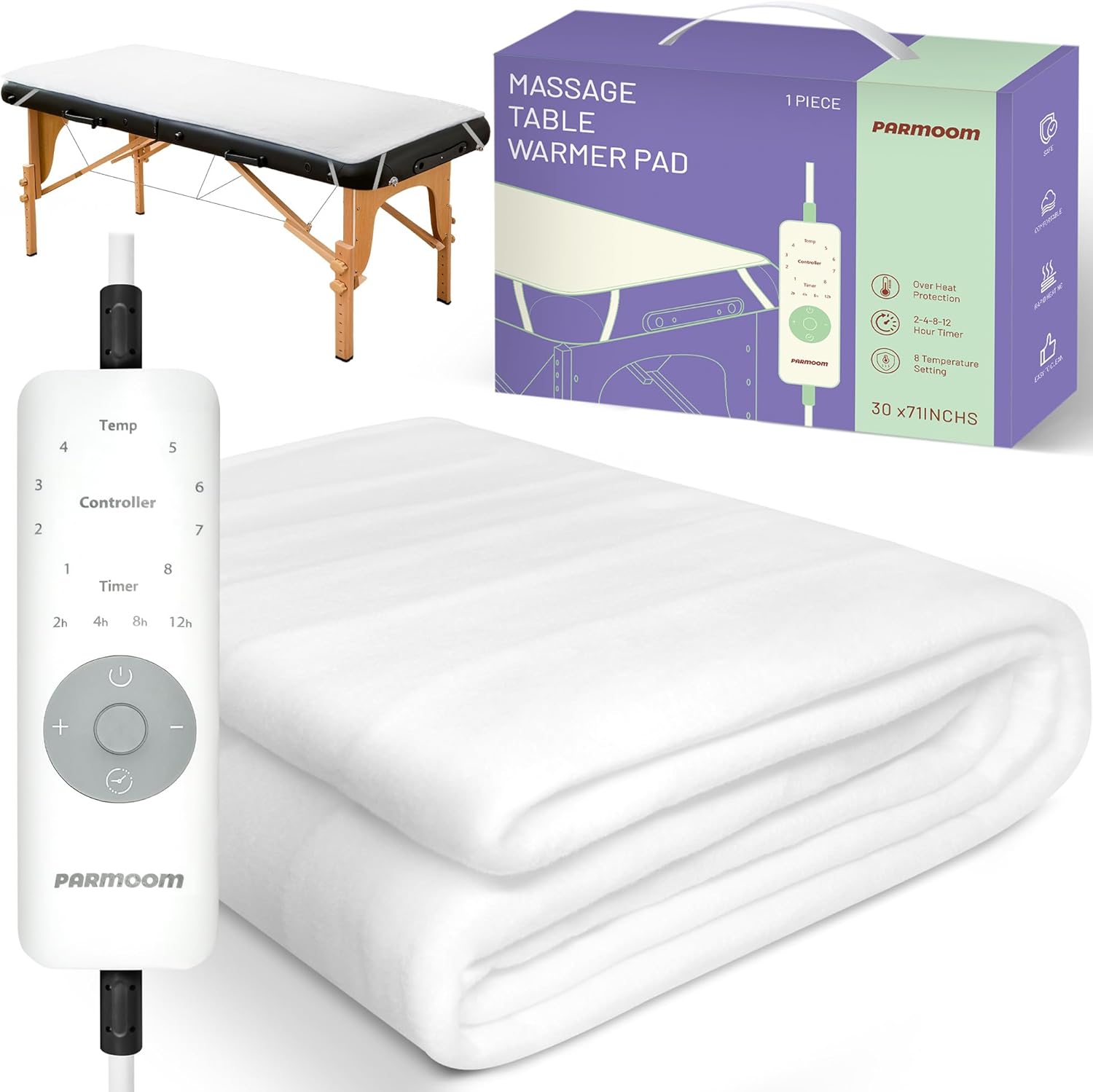 Massage Table Warmer Heating Pad Professional Massage Bed Warmer with 4 Timer, 8 Heat Settings, Overheat Protection for Massage Bed & Spa, Lightweight and Compact for Easy Portability, 30" x 71"