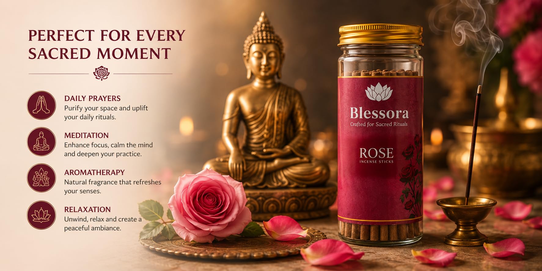 Blessora Incense Sticks - Rose Bambooless Smokeless Agarbatti for Pooja Meditation Yoga & Home Fragrance, 100% Charcoal Free (45 Sticks, 100g) 1