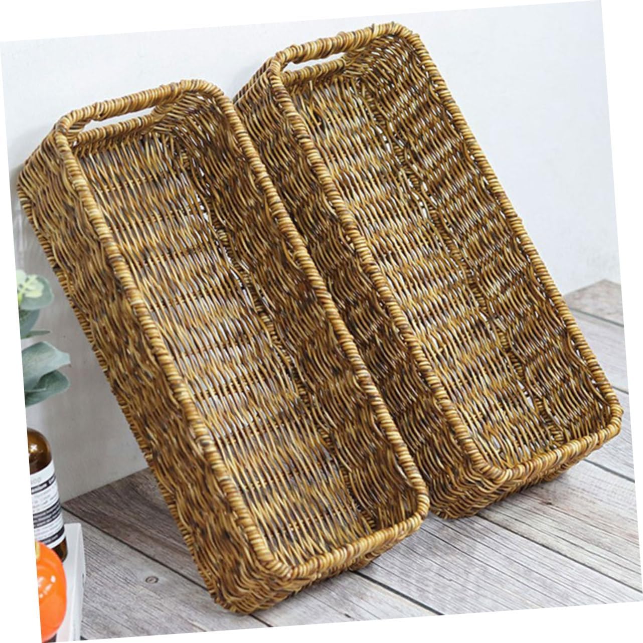 2pcs Capacity Rattan Storage Basket Woven Organizer for Kitchen Bathroom Office Pantry Handcrafted Desktop Storage Containers in Deep