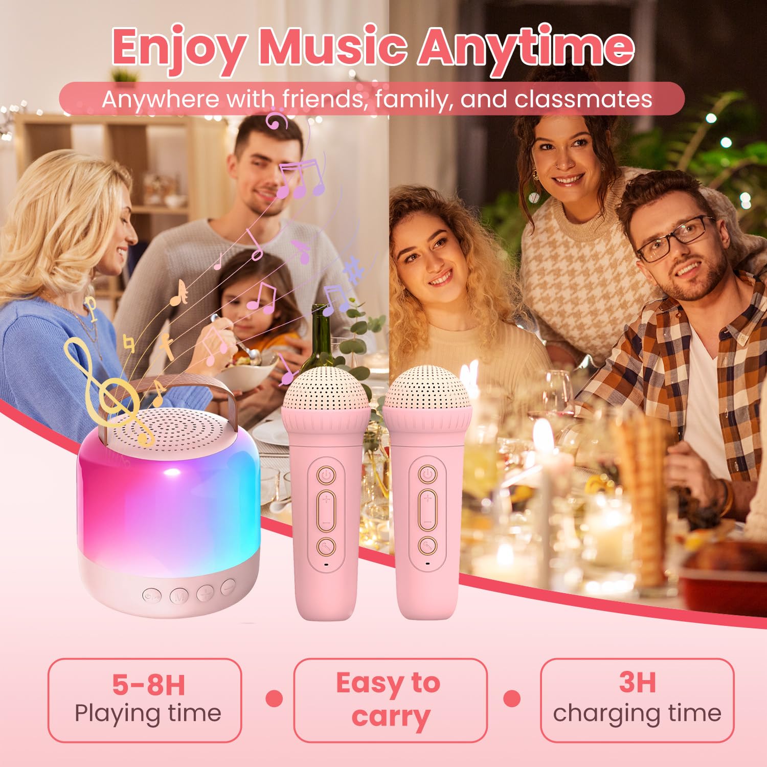 AIUNAOM Macchina per Karaoke con 2 Microfoni Senza Fili per Bambini, Cassa Bluetooth Portatile con LED ed Effetti Sonori - Regalo di Natale Ideale per Ragazze 3-12 Anni